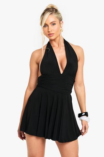 Ruched Plunge Skater Dress black