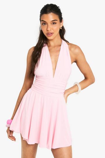 Ruched Plunge Skater Dress pink
