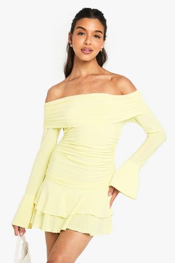 Lemon Yellow Slinky Bardot Ruffle Hem Mini Dress