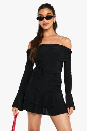 Slinky Bardot Ruffle Hem Mini Dress black