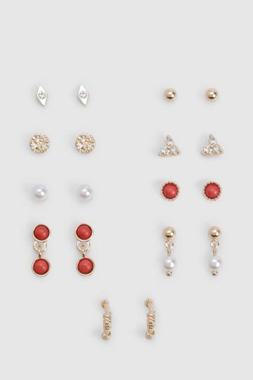 Gold Metallic Stone & Pearl Earrings 9 Pack