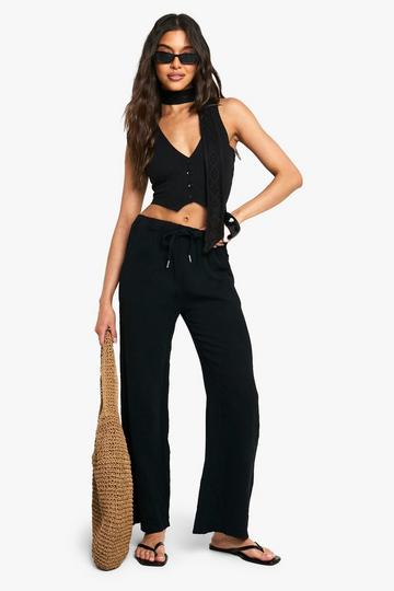 Cheesecloth Tie Waist Straight Leg Trousers black