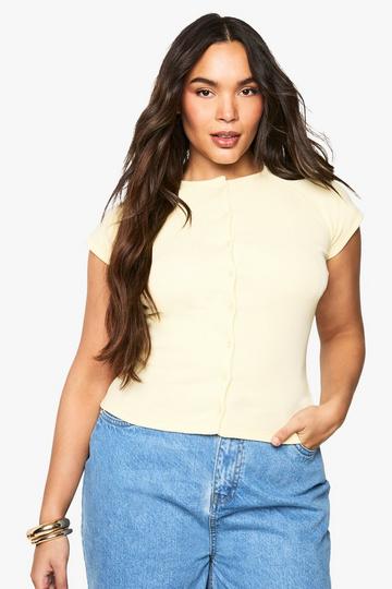 Plus Rib Button Through Cap Sleeve Top lemon