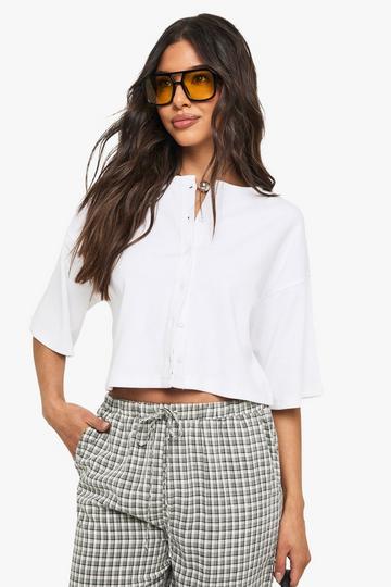 Rib Button through slouchy 3/4 sleeve top white