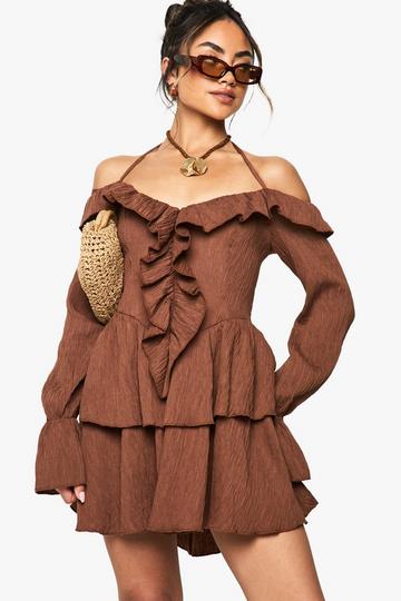 Crinkle Ruffle Layered Mini Dress chocolate