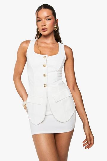 Button Through Longline Waistcoat and Mini Skirt Co-ord cream