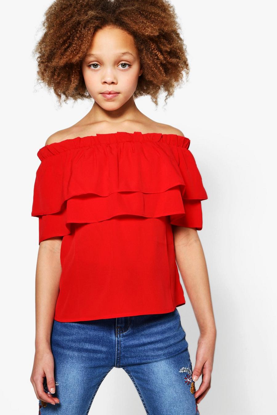 Red rouge Girls Double Frill Bardot Top image number 1