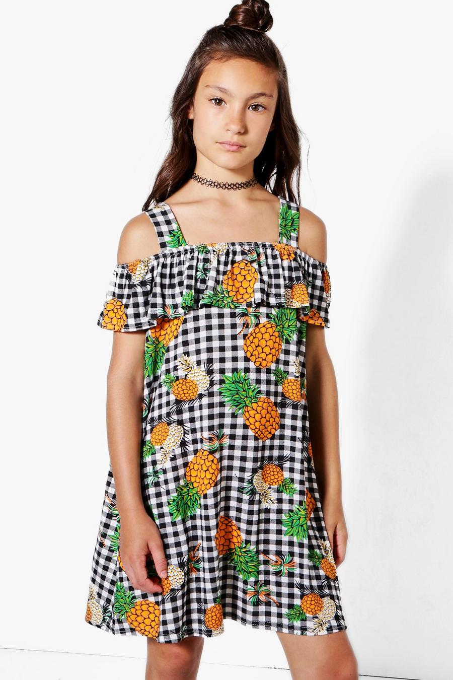 Mädchen Kleid mit Ananas-Print, Vichy-Karos und Volant image number 1