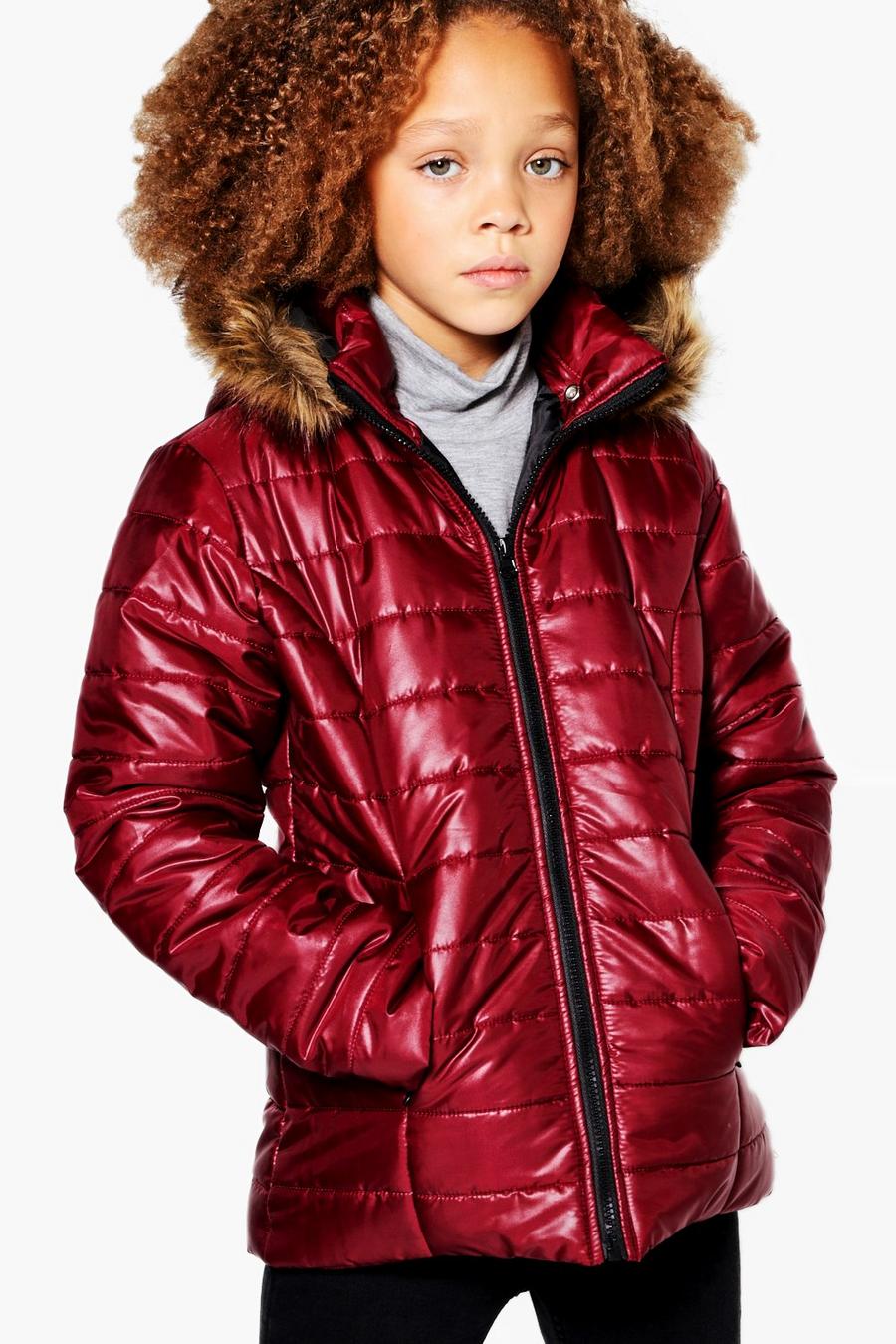 Girls Padded Faux Fur Hooded Coat, Berry image number 1