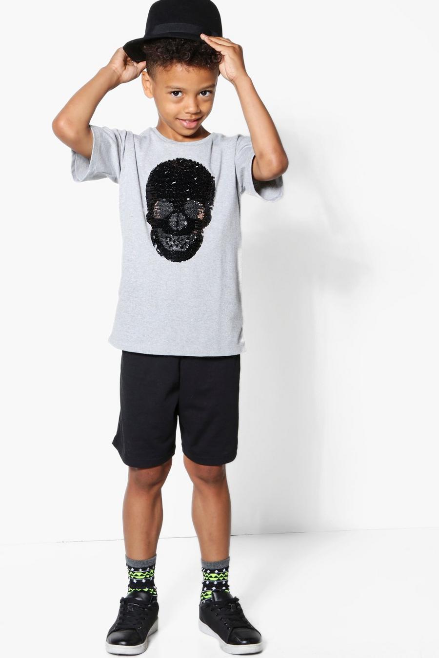 Jungen Zweiteiler mit Pailletten aus ausgestelltem T-Shirt mit Totenkopf-Motiv und Shorts image number 1