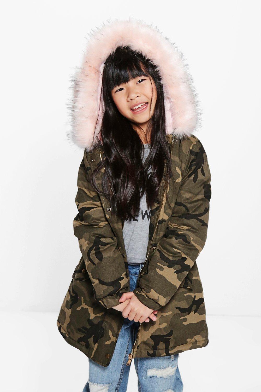 camo faux fur hooded coat