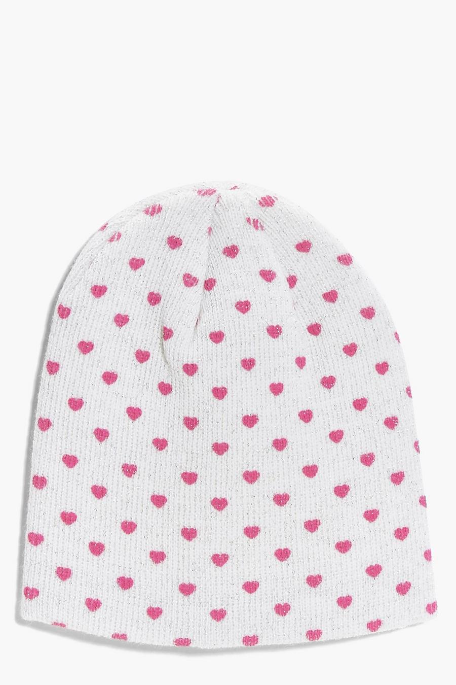 Ivory bianco Girls Heart Beanie Hat image number 1