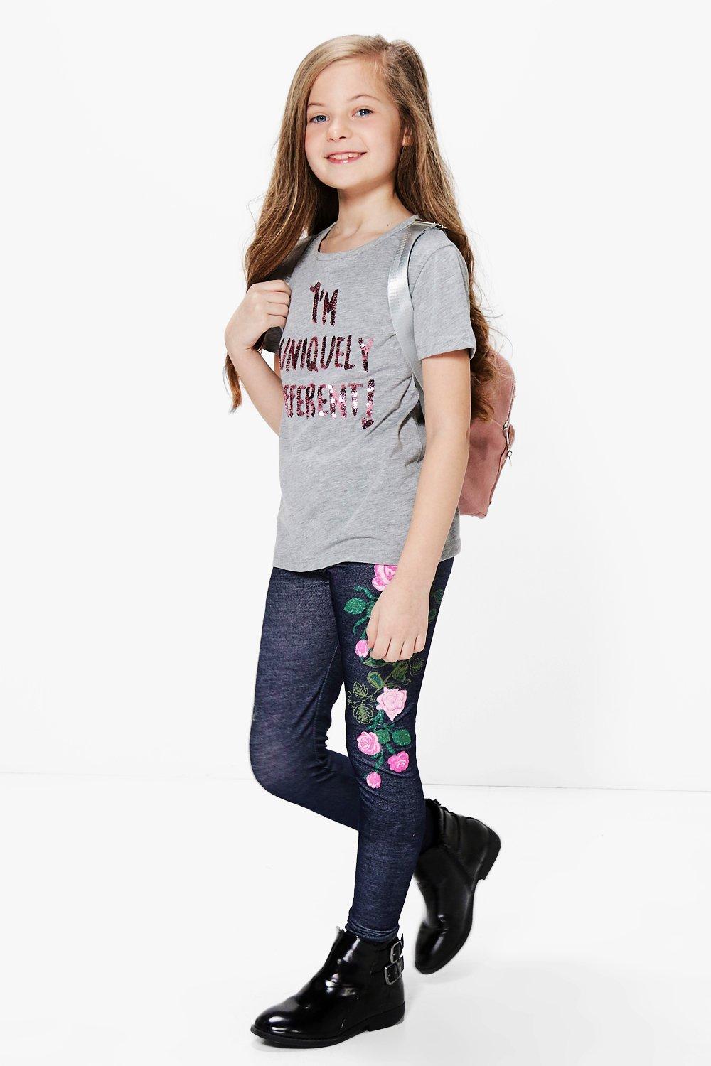 Girls Embroidered Print Denim Look Legging Boohoo