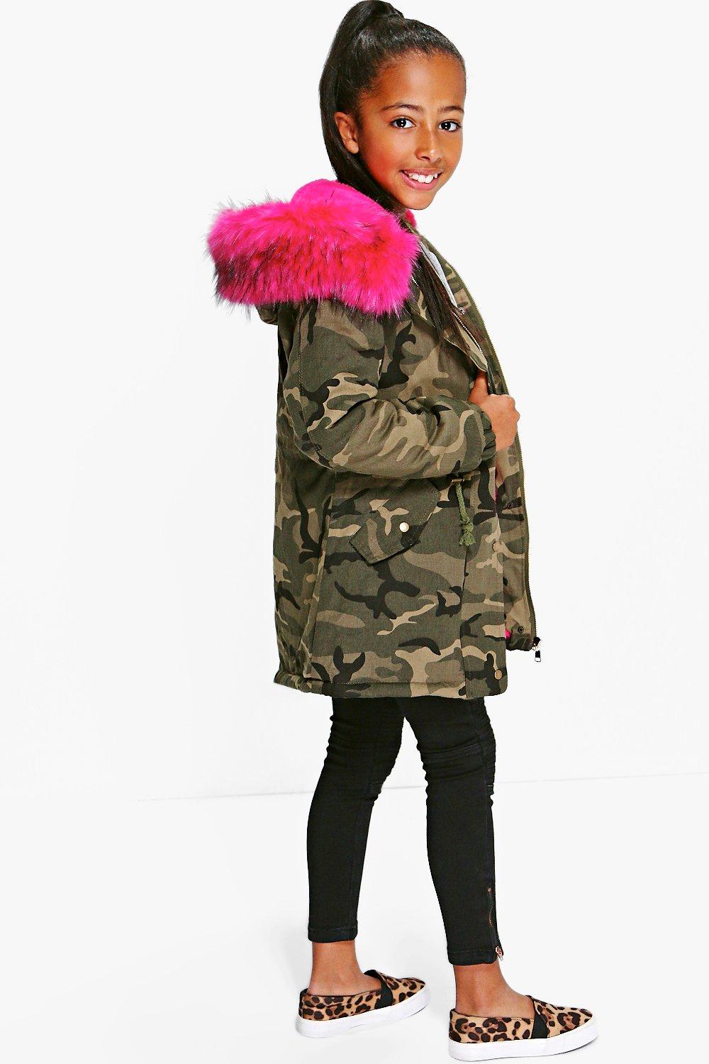 Camo parka shop pink fur