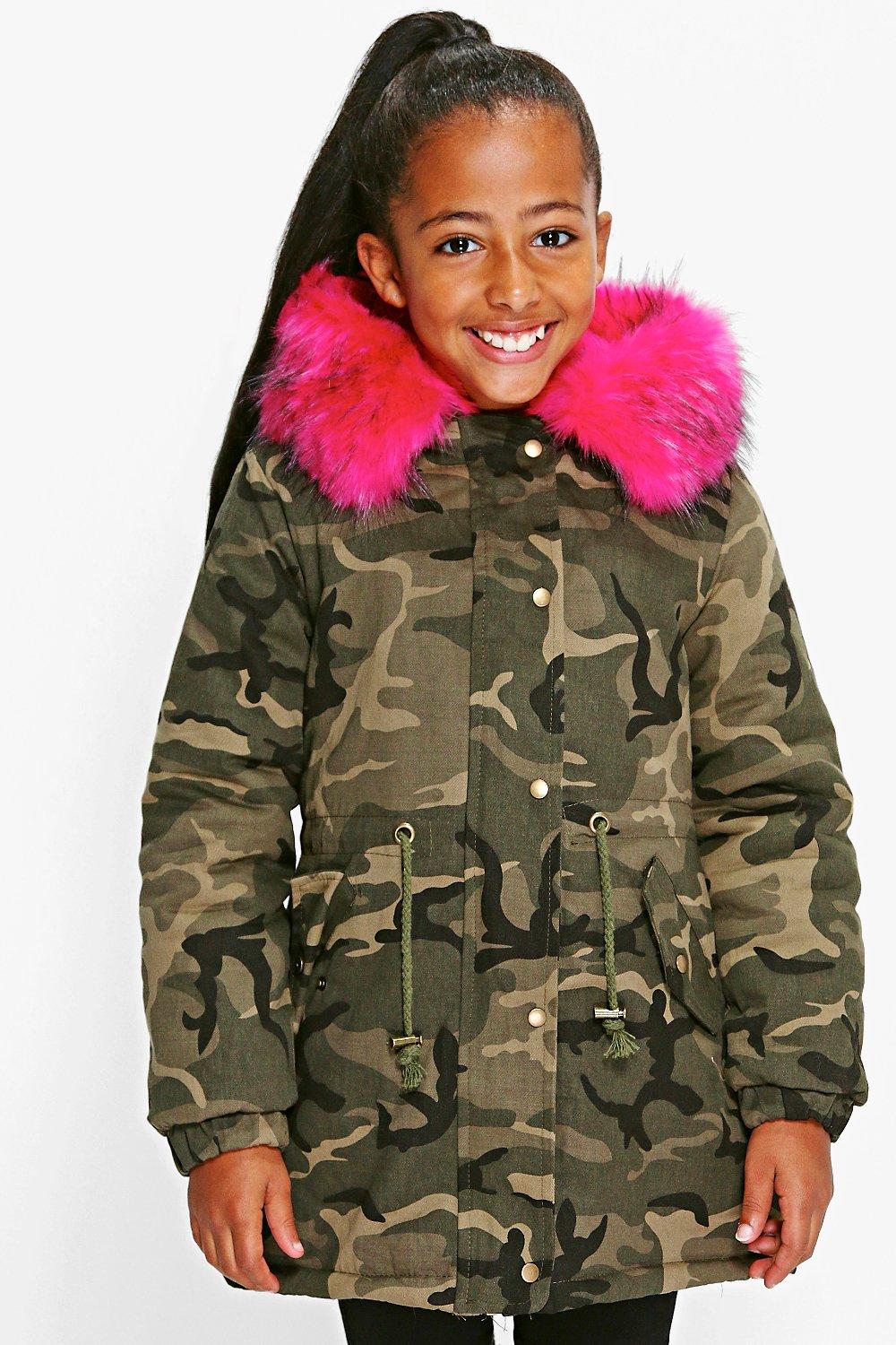 Camo coat shop with pink fur