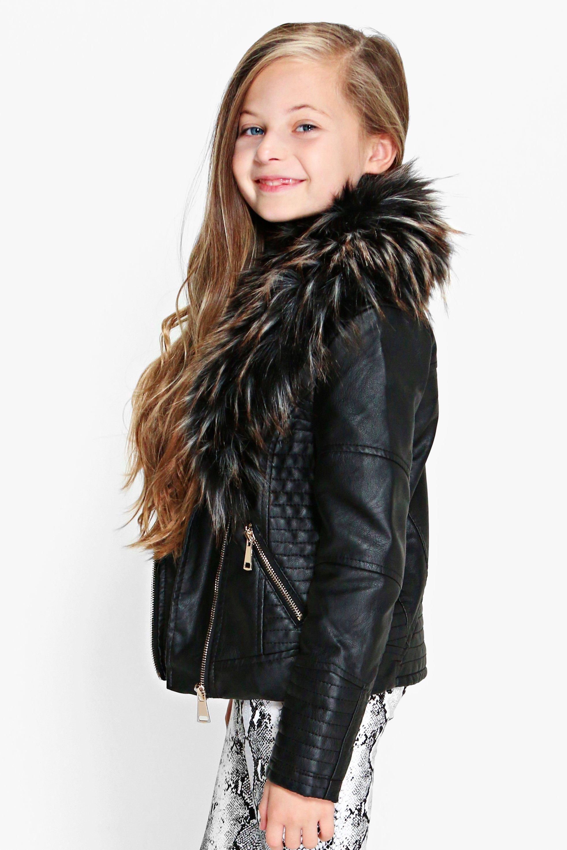 Girls Faux Fur Collar Leather Look Jacket boohoo UK