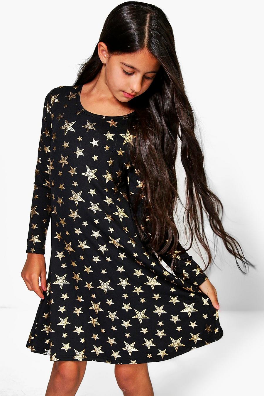 Gold metallic Girls Star Print Skater Dress image number 1