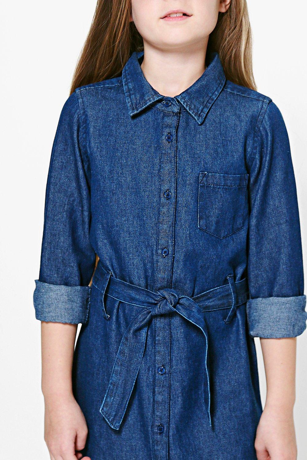 Girls Belted Denim Shirt Dress boohoo