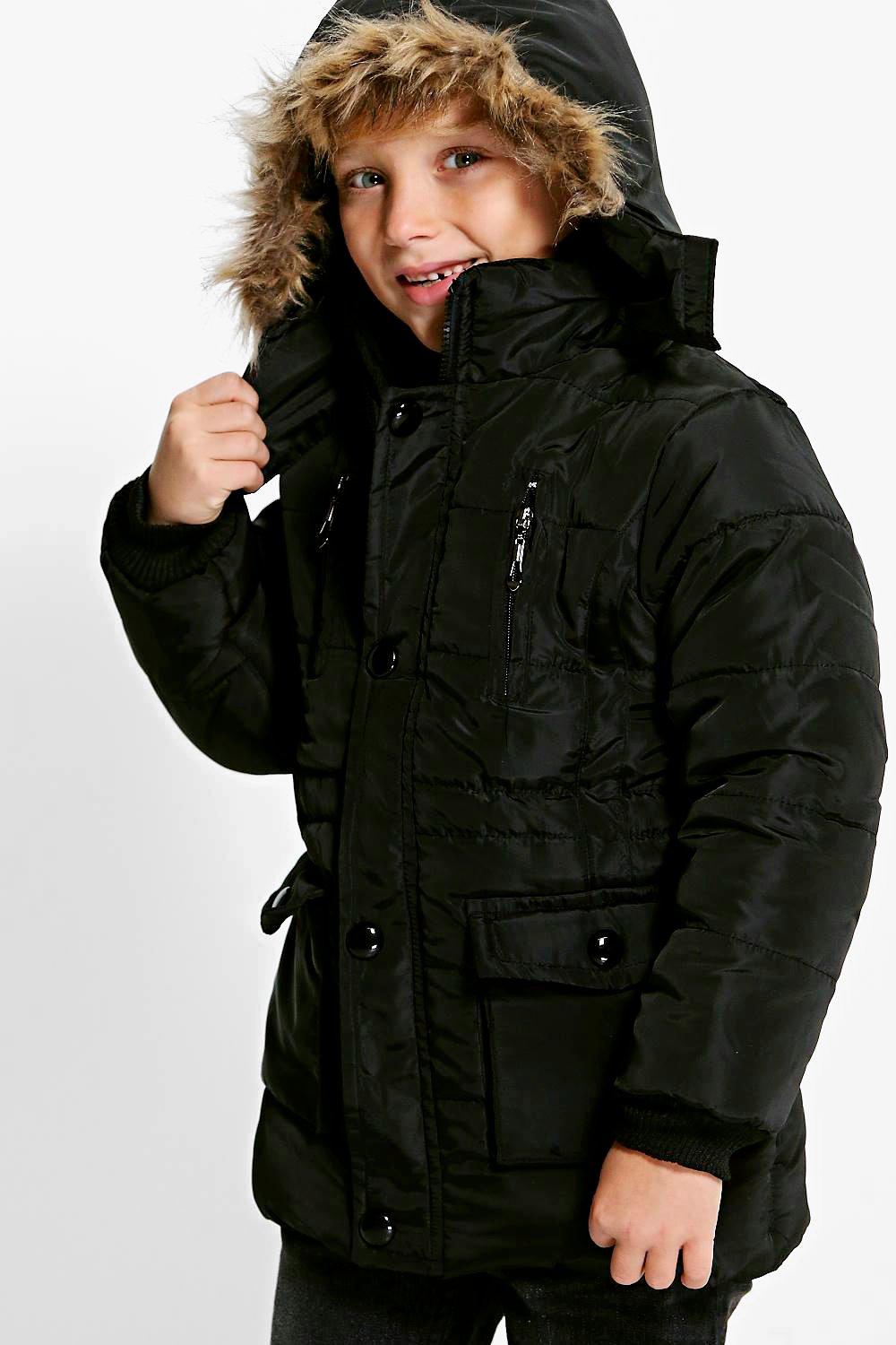 Women s Boys Padded Coat With Faux Fur Hood Boohoo UK