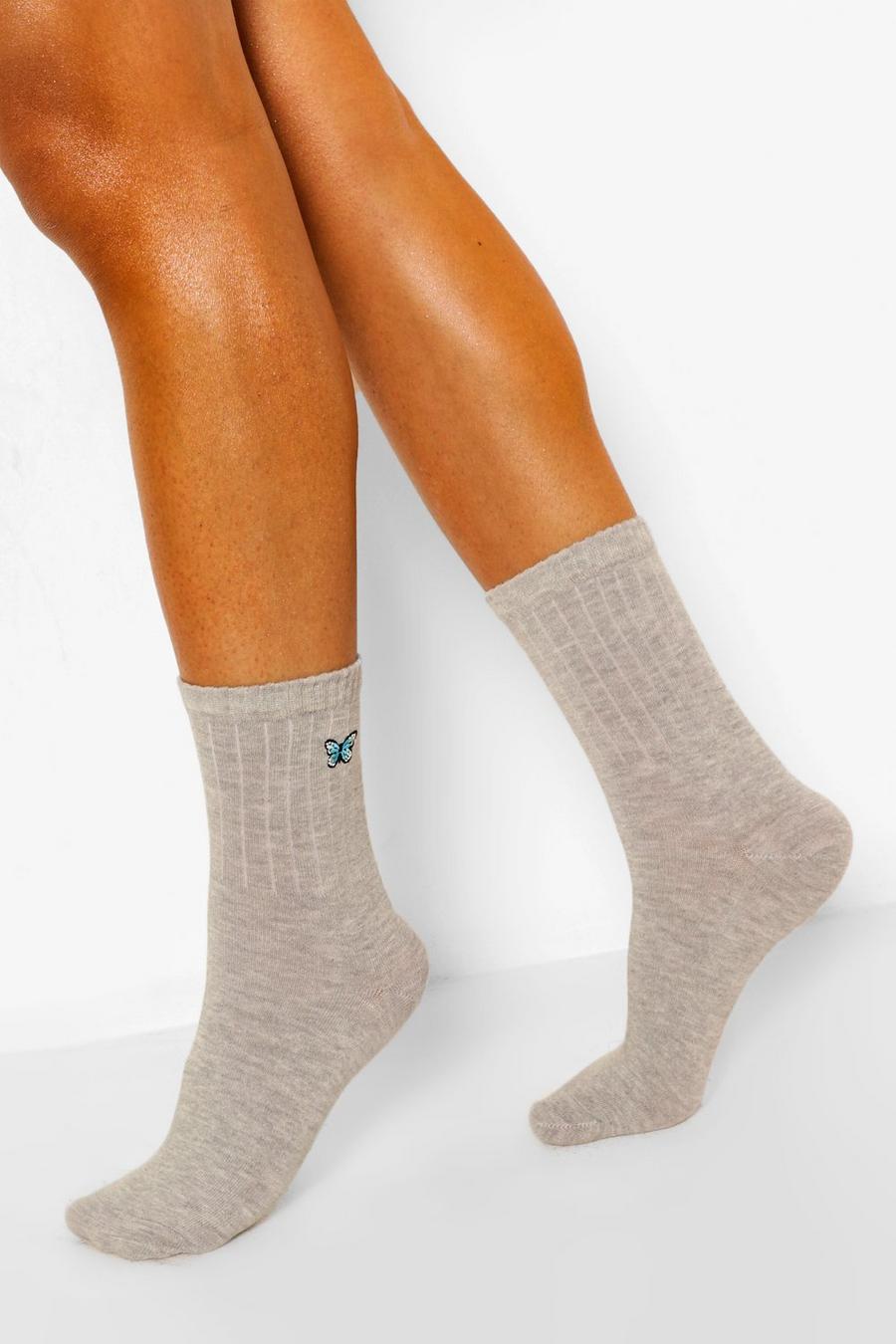 Grey grå Butterfly Embroidered Sports Socks image number 1