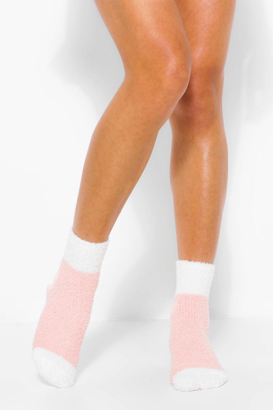 Flauschige Bett-Socken mit Ferse in Kontrastfarbe , Rosa image number 1