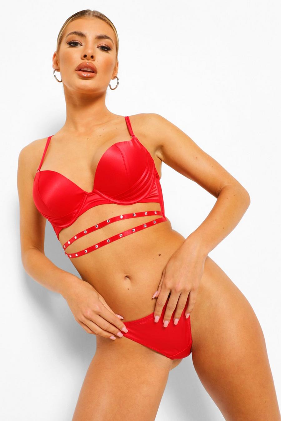 Red Diamante Super Push Up Bra image number 1