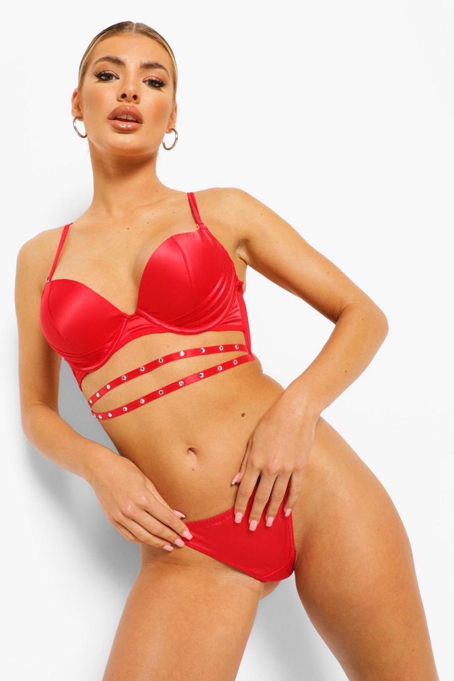 Red röd Satin and Diamante Thong image number 1