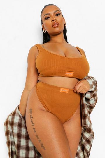 Plus Rib Scoop High Leg Lingerie Set caramel