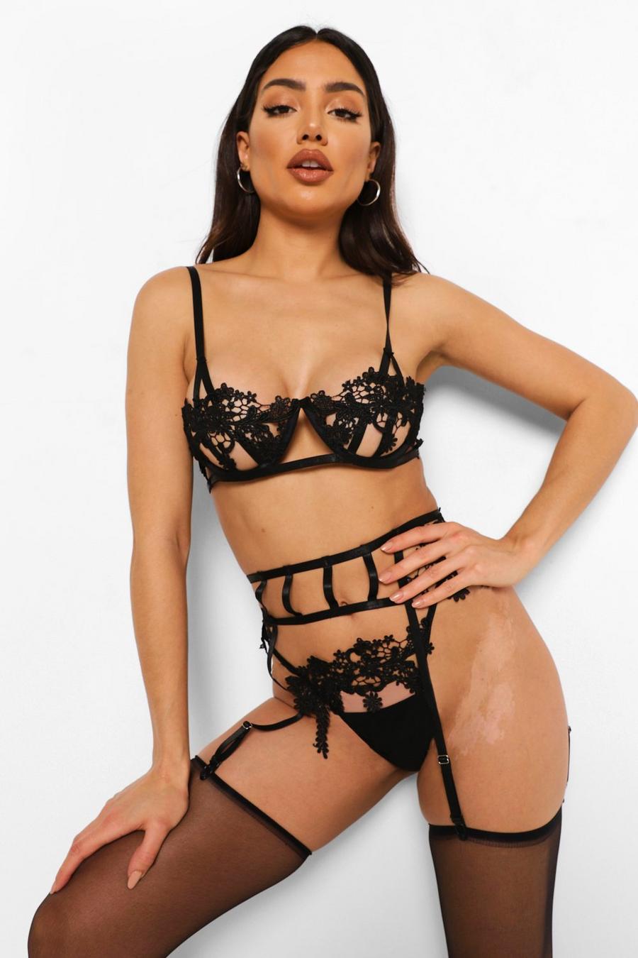 Black Guipure Embroidered Bra Suspender and Thong Set image number 1