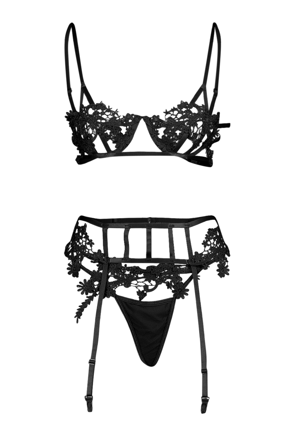 Boohoo Embroidery Bra, Thong & Suspender Set in Green