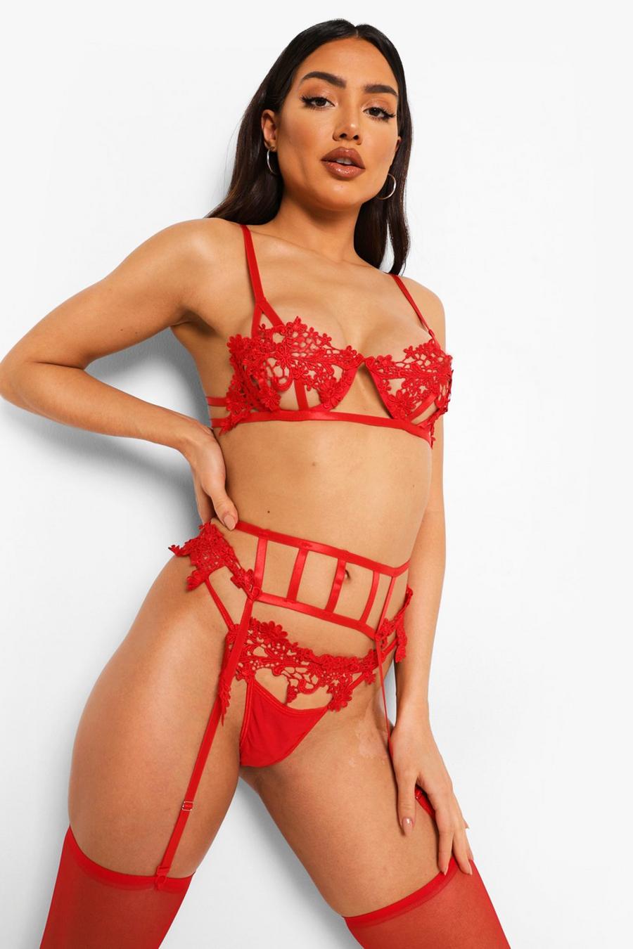 Red Guipure Embroidered Bra Suspender and Thong Set image number 1