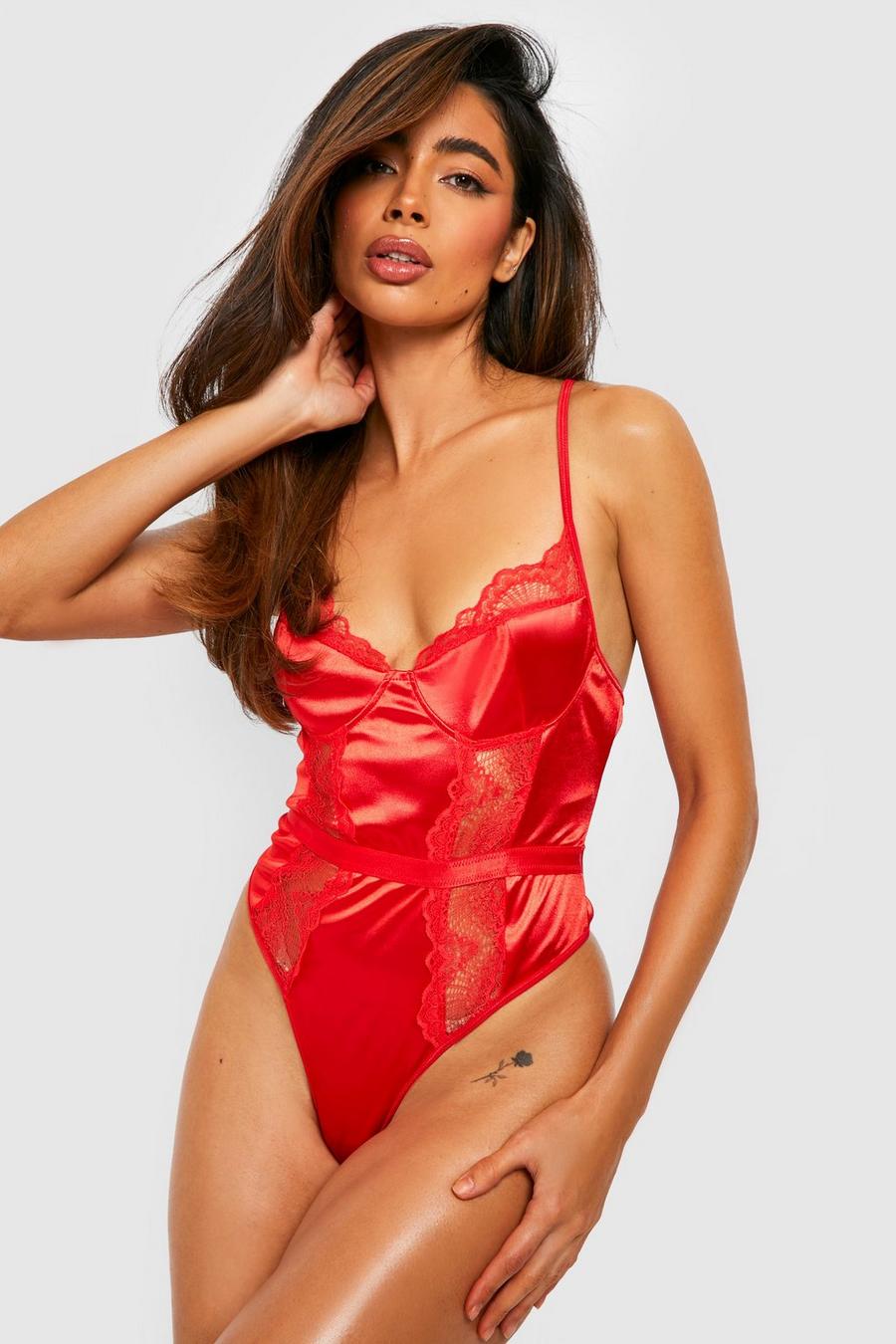 Red rojo Satin Underwired Bodysuit image number 1
