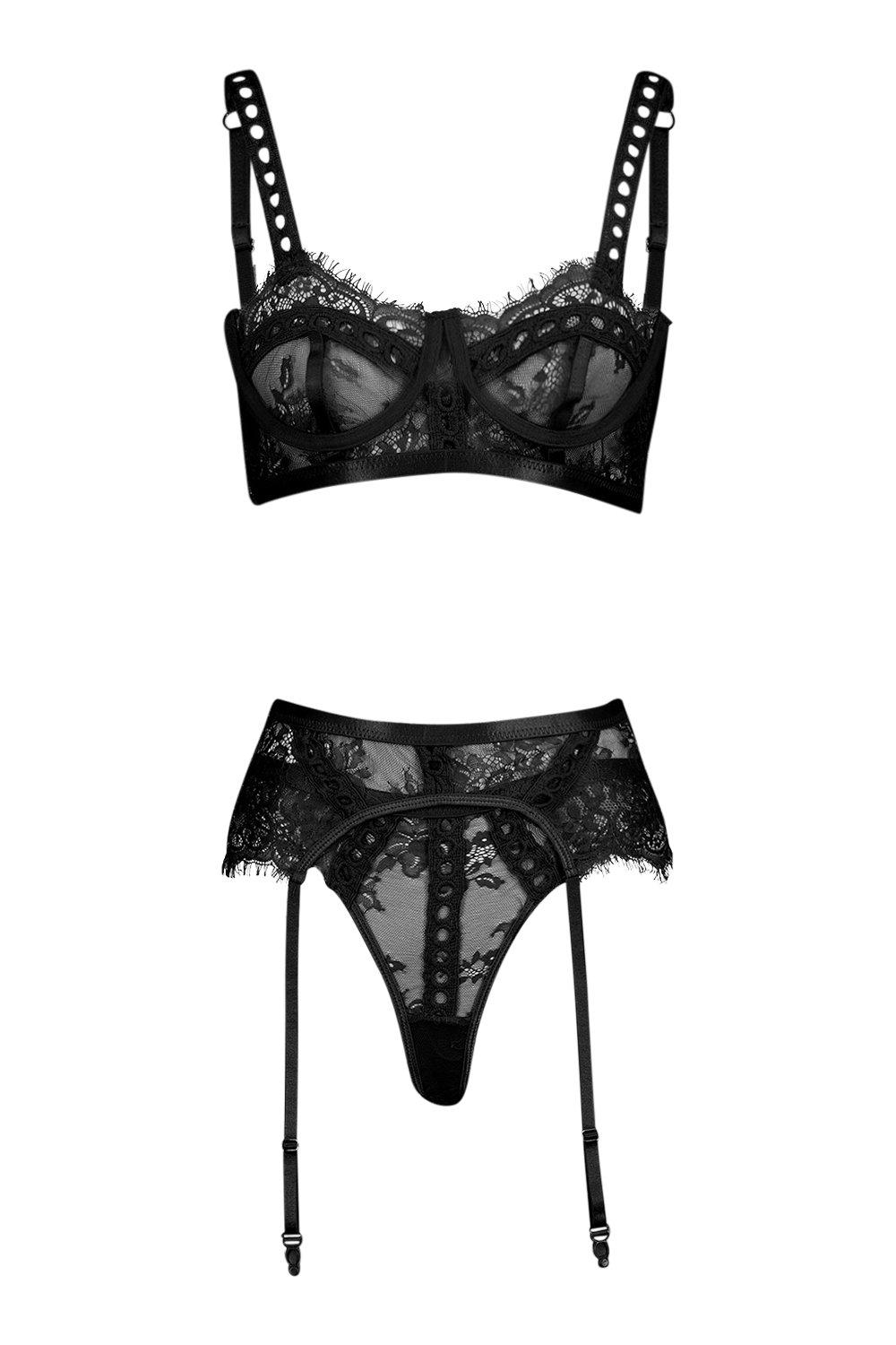 Embroidered Bra Suspender And Thong Set