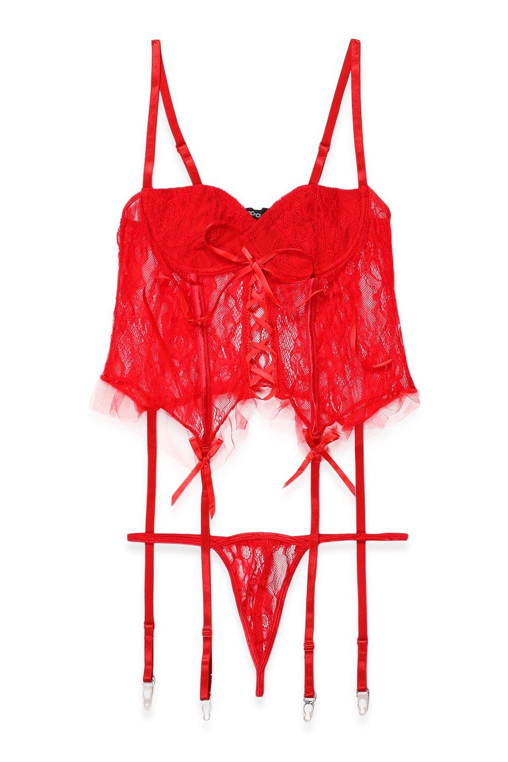 Saint Valentin Ensemble de lingerie en dentelle body style corset porte jarretelles et string