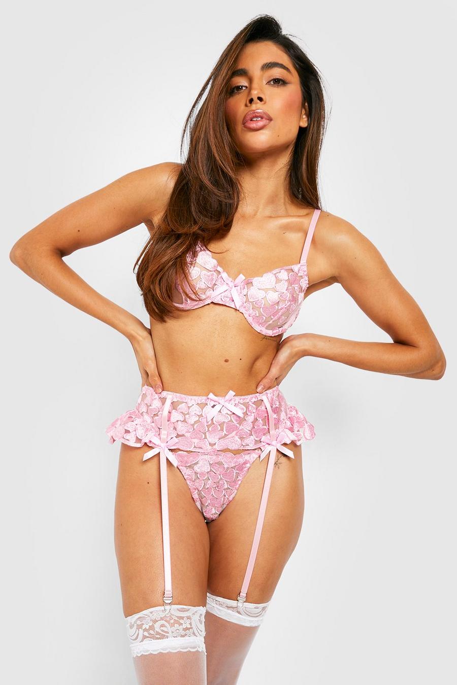 Pink Embroidered Bra Suspender and Thong Set image number 1