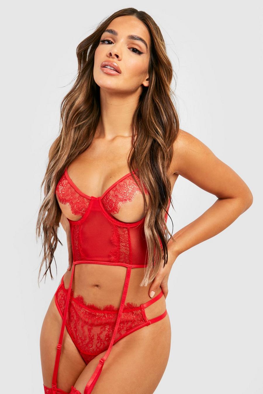 Red Peep Suspender Basque and Thong Set