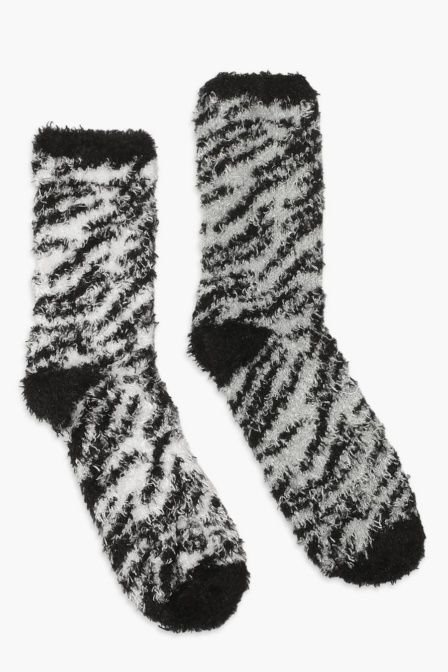Confezione con 2 paia di calzini da casa soffici con stampa zebrata, Nero/bianco image number 1