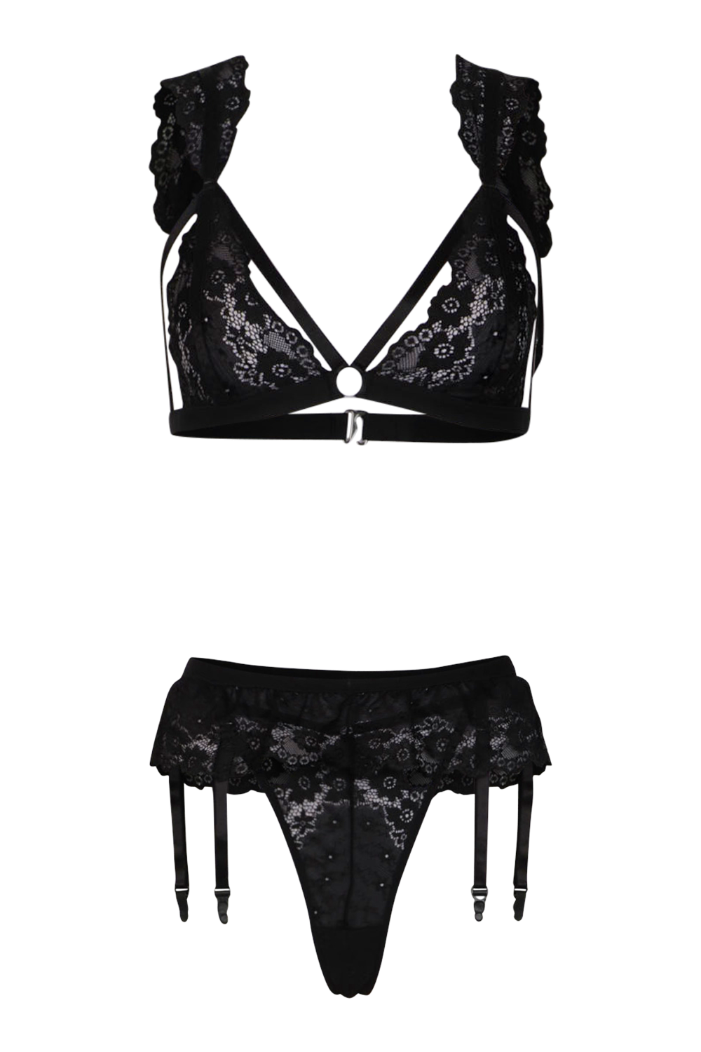 Butterfly Embroidered Ruffle 3pc Lingerie Set
