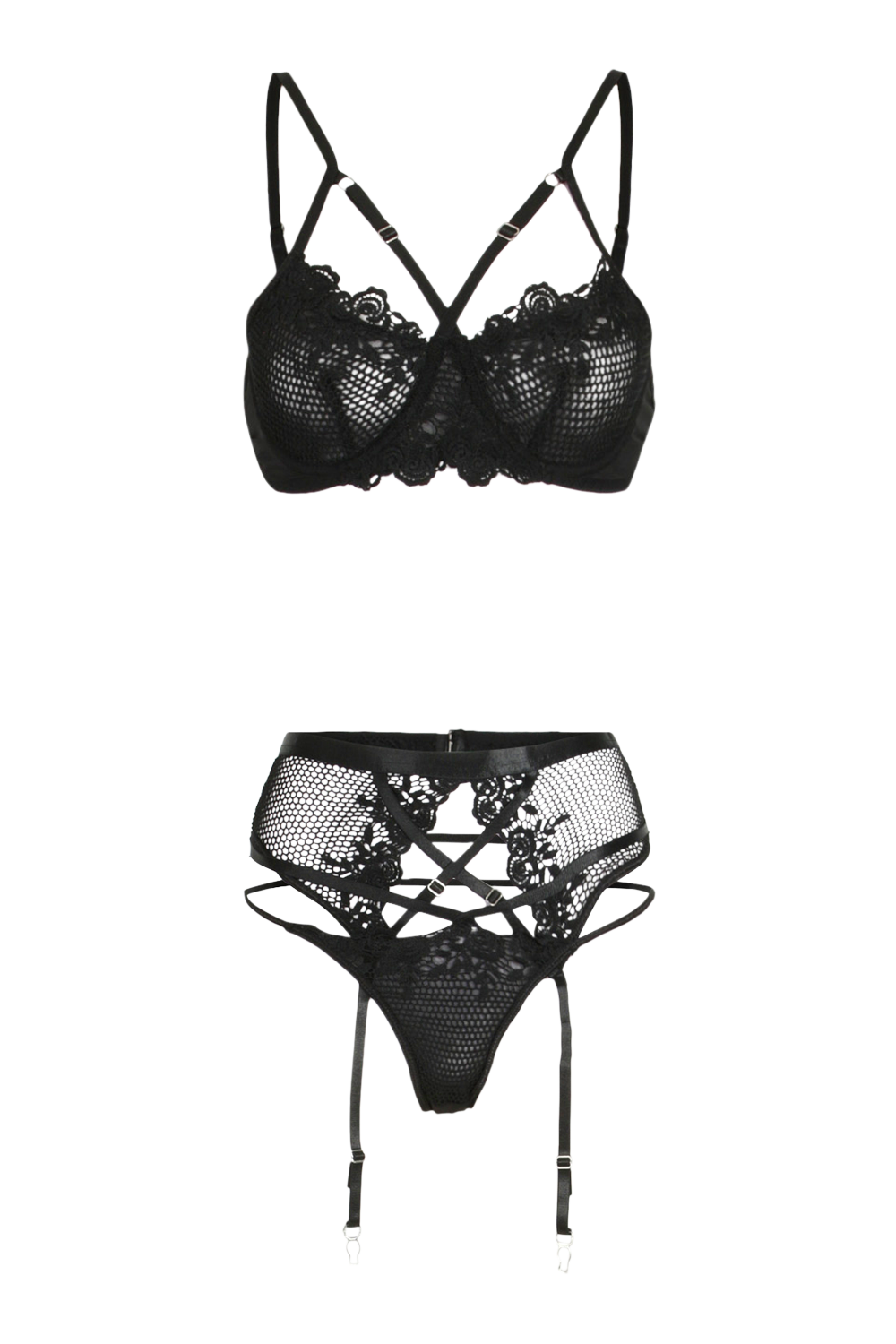 Black Lace Strapping Cut Out 3 Piece Lingerie Set