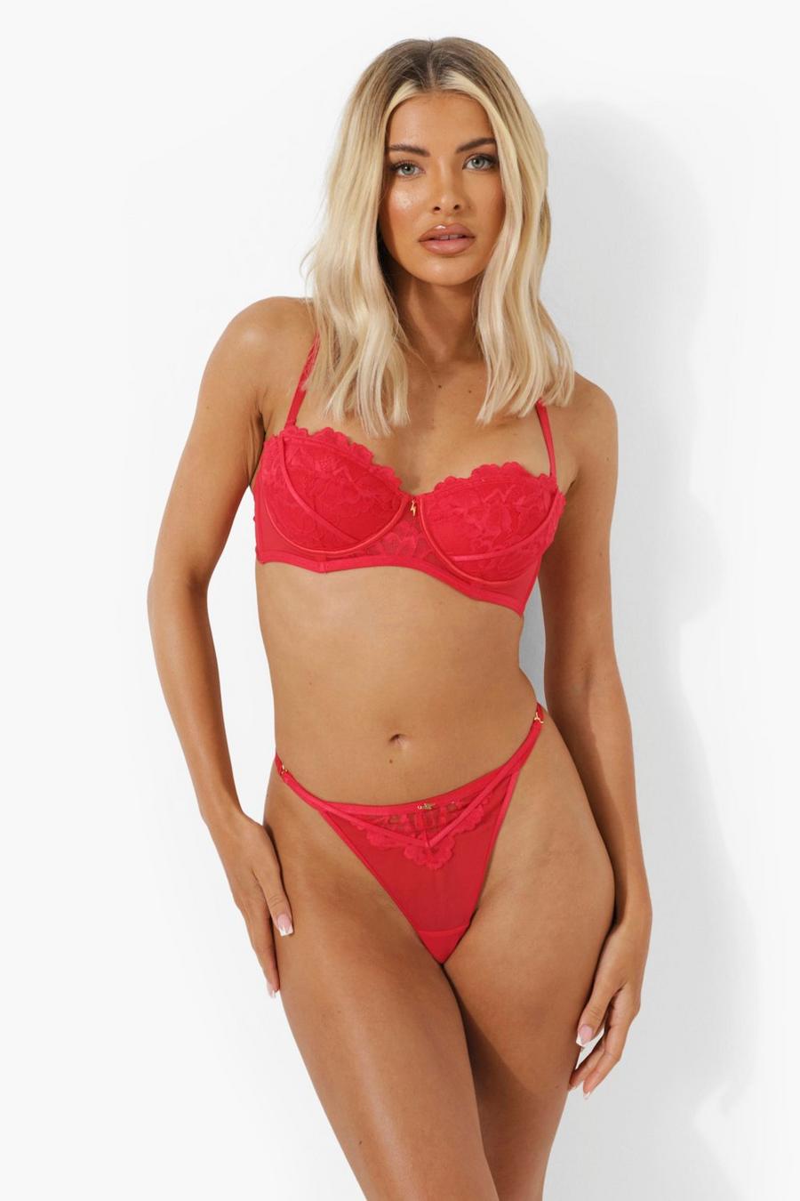Red Lace Multiway Balcony Bra image number 1