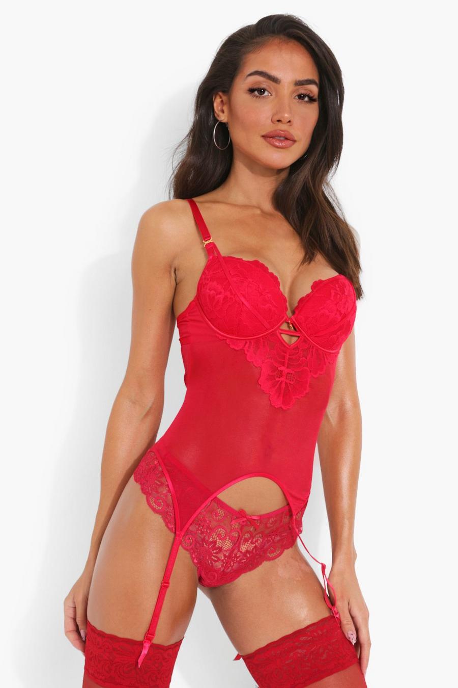 Red Plunge Lace Basque image number 1