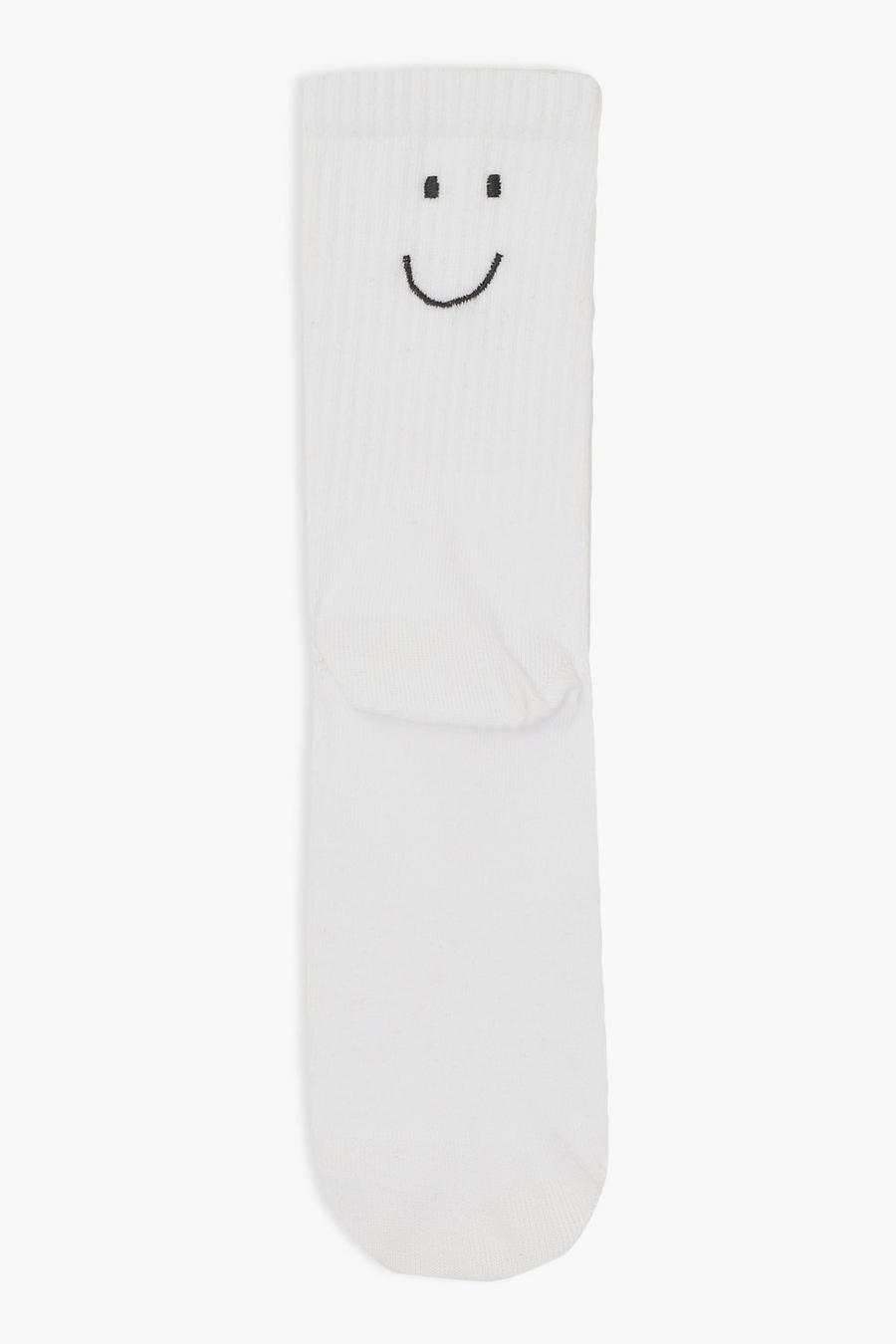 Calcetines deportivos negros con bordado de cara feliz, Blanco image number 1