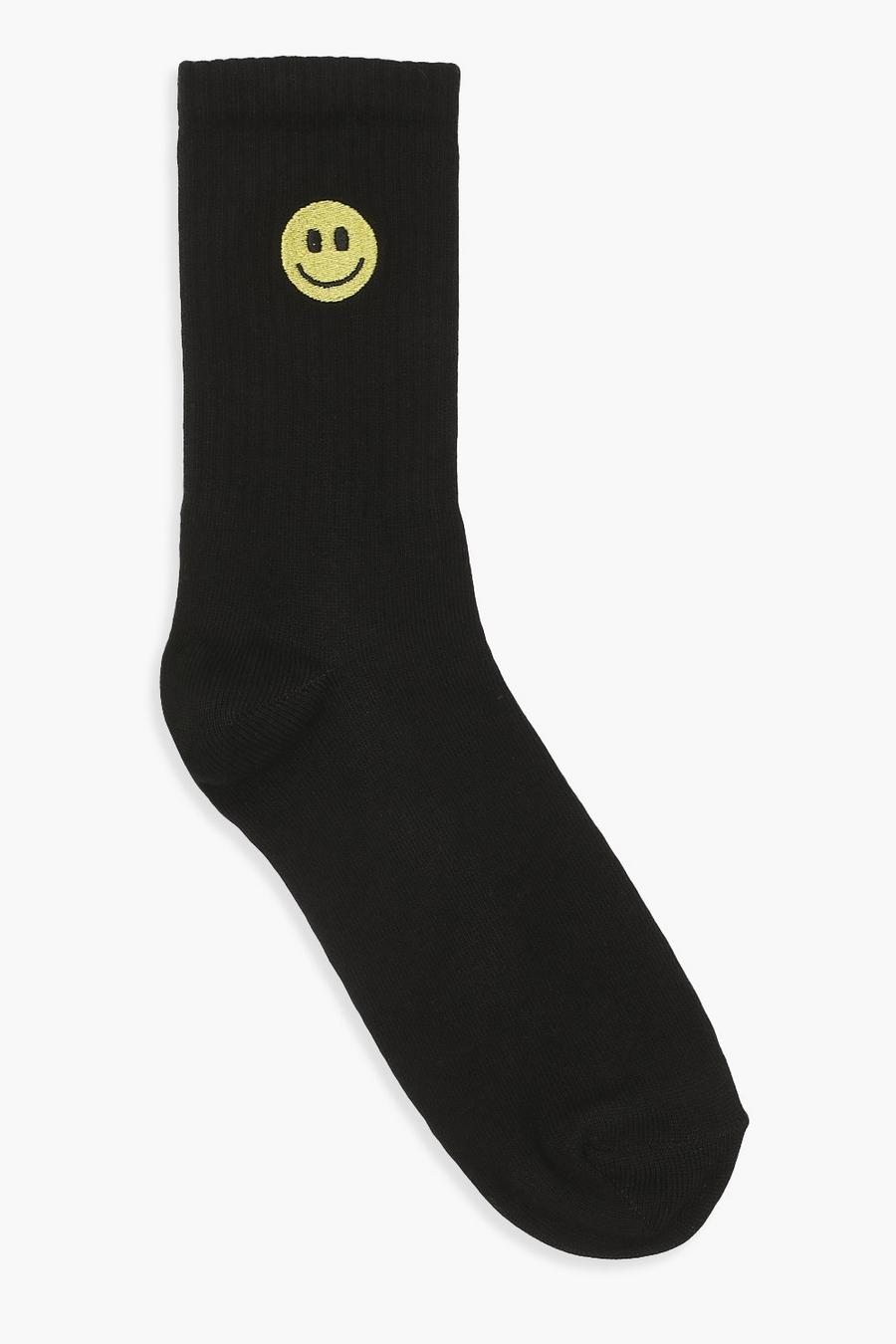Schwarze Sport-Socken mit „Happy Face“-Stickerei , Schwarz image number 1