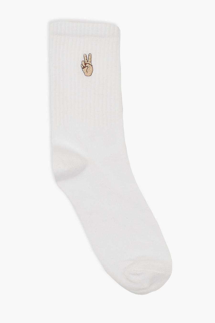 Chaussettes blanches signe paix brodé, White image number 1