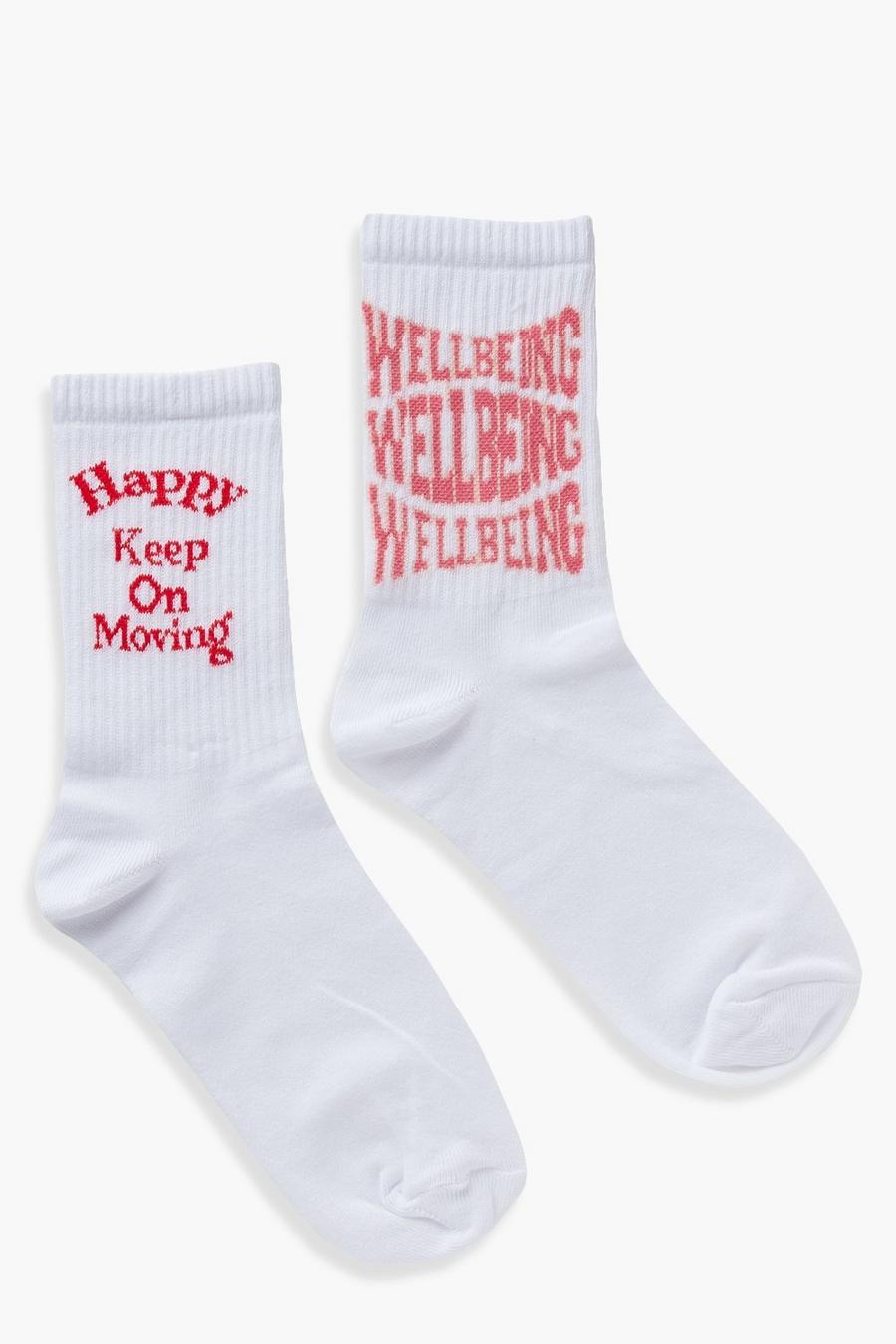 Confezione con 2 paia di calzini sportivi con scritta Happy And Wellbeing, Bianco image number 1