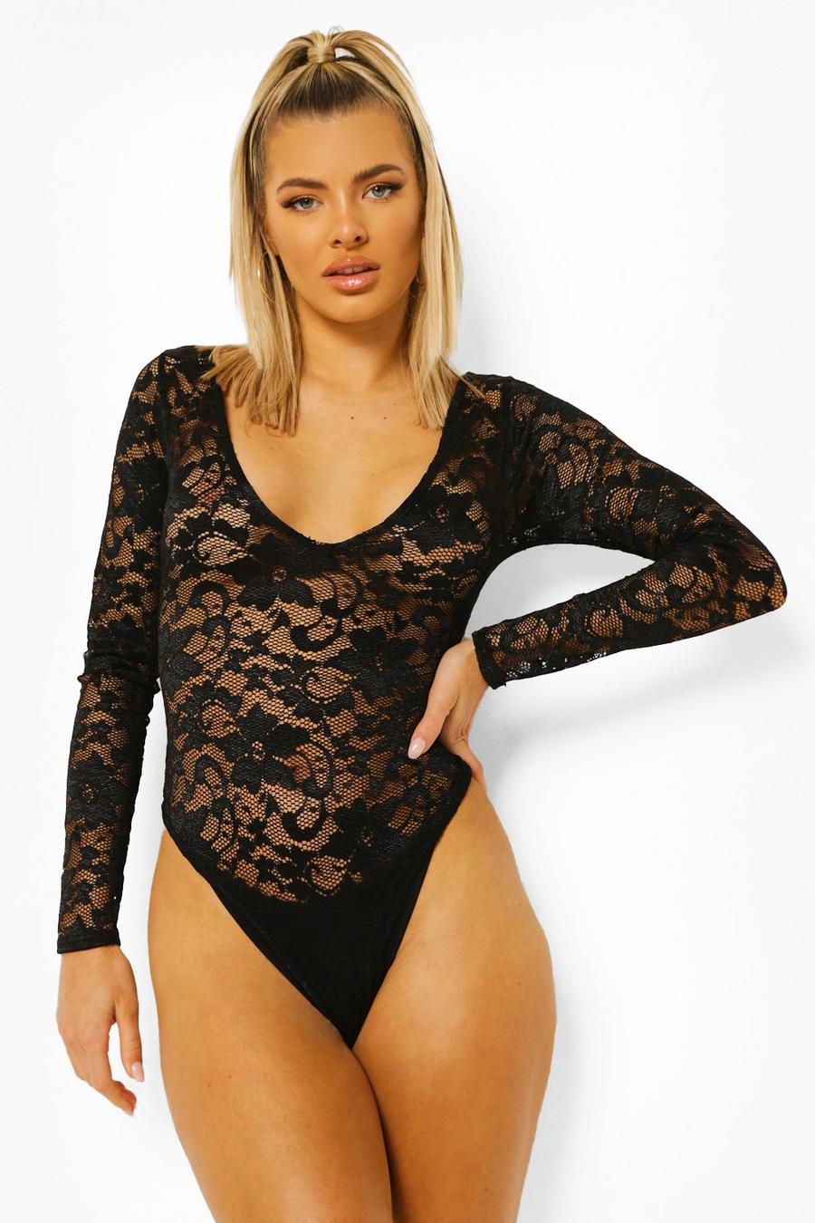 Black Long Sleeve Lace Bodysuit image number 1