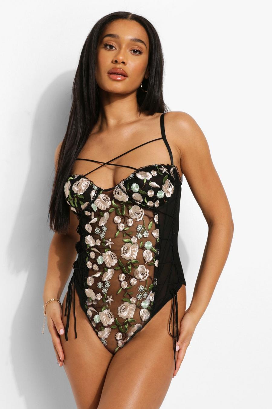 Black Floral Embroidery Strappy Side Tie Bodysuit image number 1