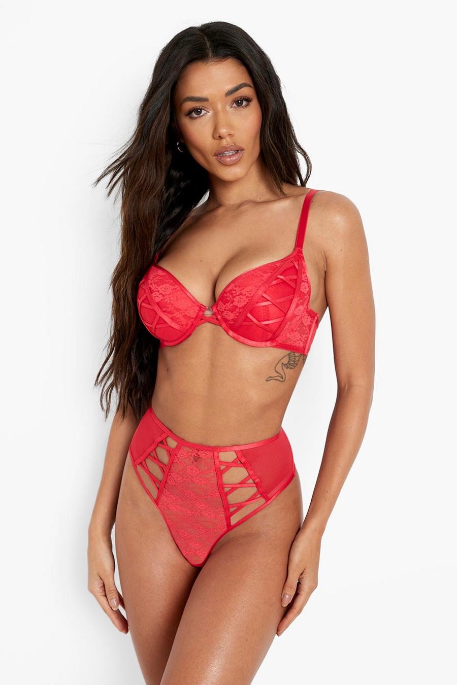 Red Valentines Premium Lace High Waisted Cut Out Thong image number 1
