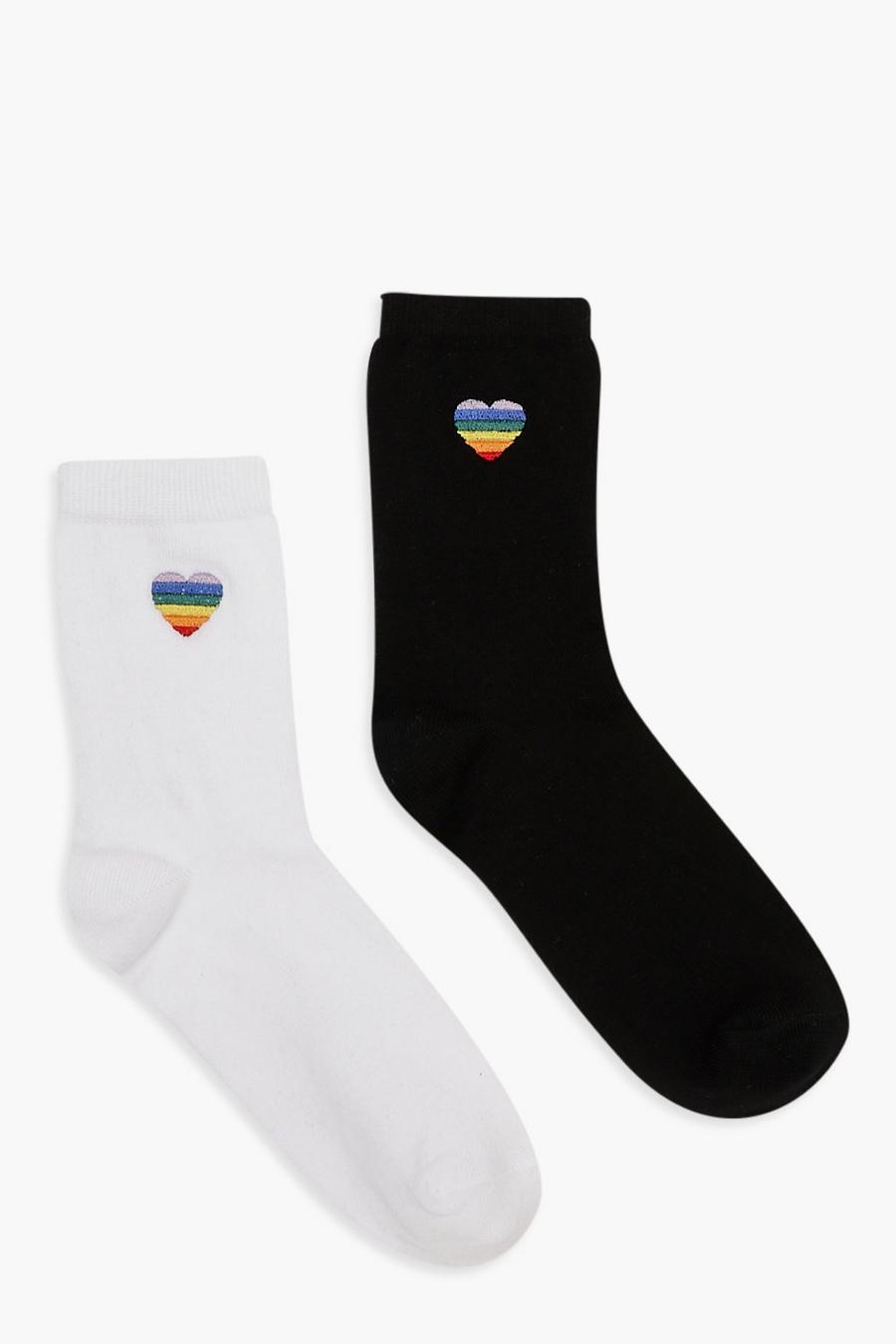 Confezione con 2 paia di calzini alla caviglia con cuore arcobaleno ricamato, Multi image number 1