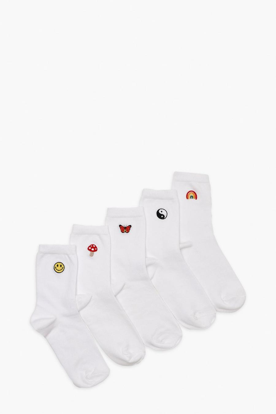 White Embroidered Ankle Socks 5 Pack image number 1